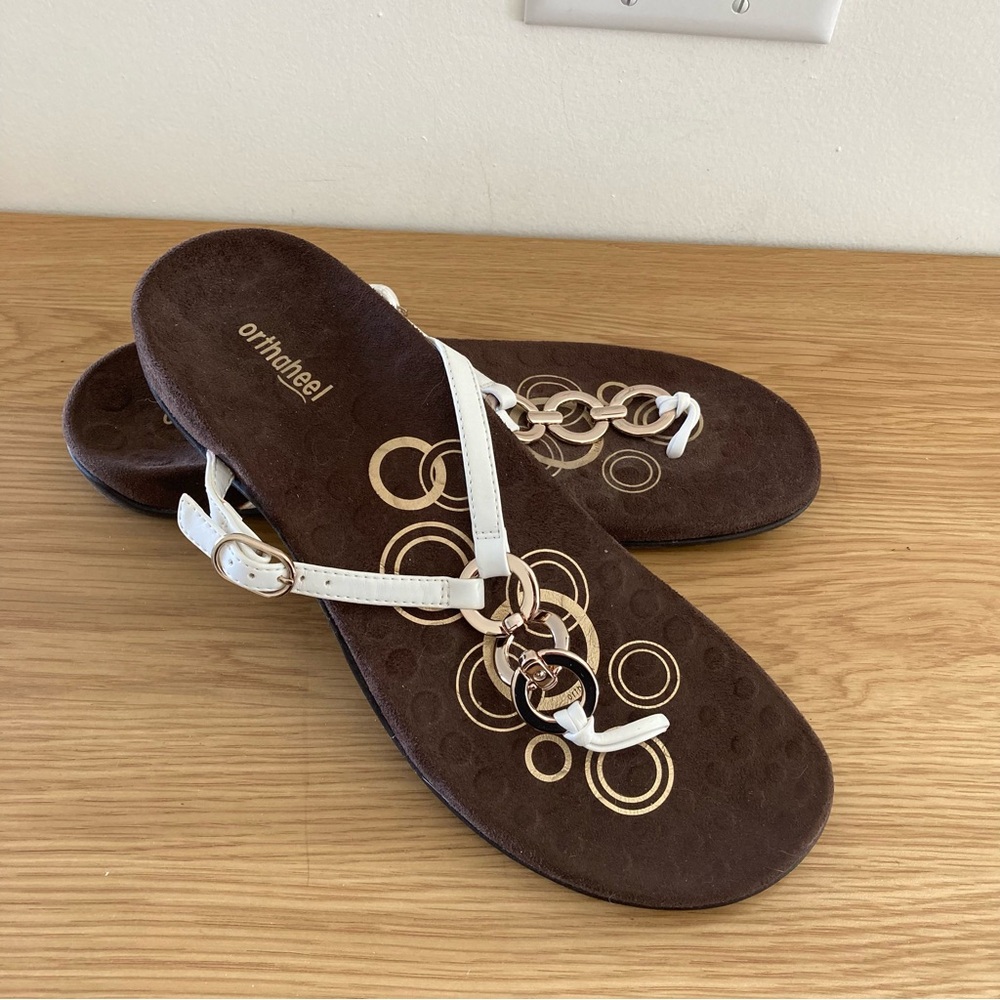 Orthaheel Size 11 Brown, Gold & White Thong Sandals - NWOT